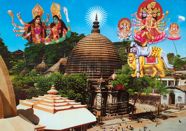 Photograph of Kamakhya Temple, with mythological Hindu scenes